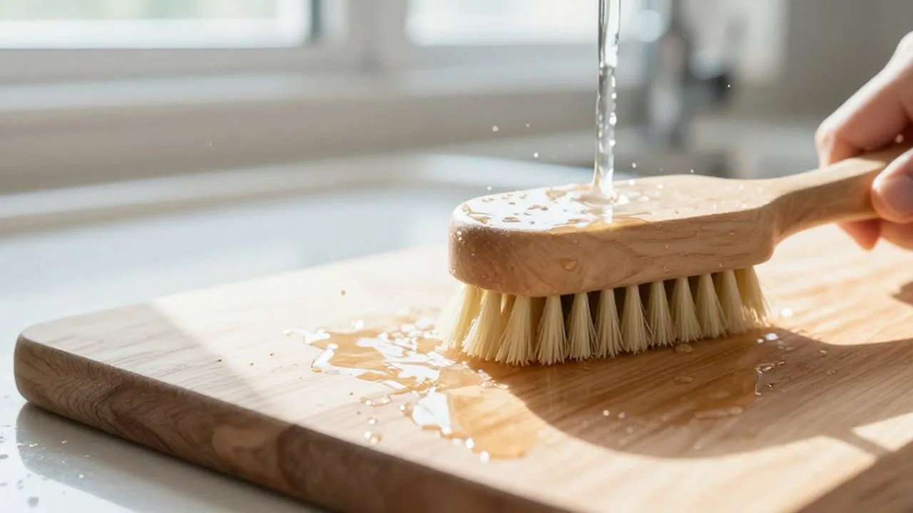 Un cepillo de cerdas naturales limpia una tabla de madera bajo el chorro de agua.