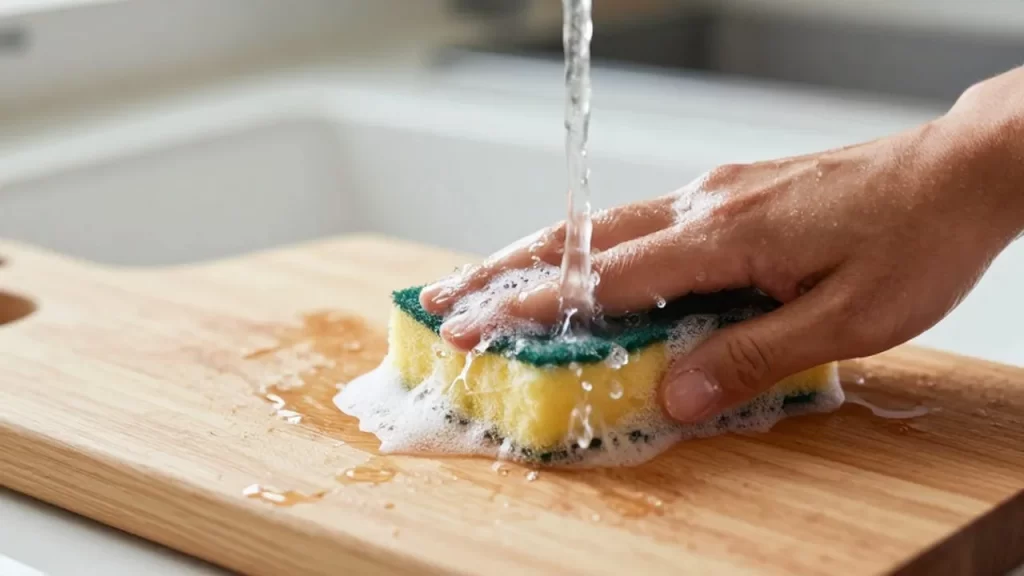 Lavado de una tabla de madera con agua corriente y espuma de jabón.
