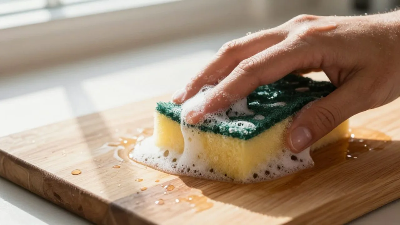 Una mano limpia una tabla de madera con una esponja y espuma de jabón.