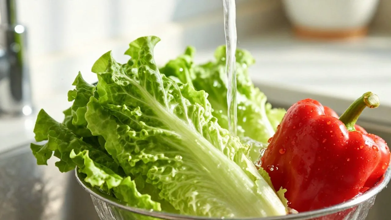 Lechuga y pimientos rojos brillantes siendo lavados bajo un chorro de agua fresca.