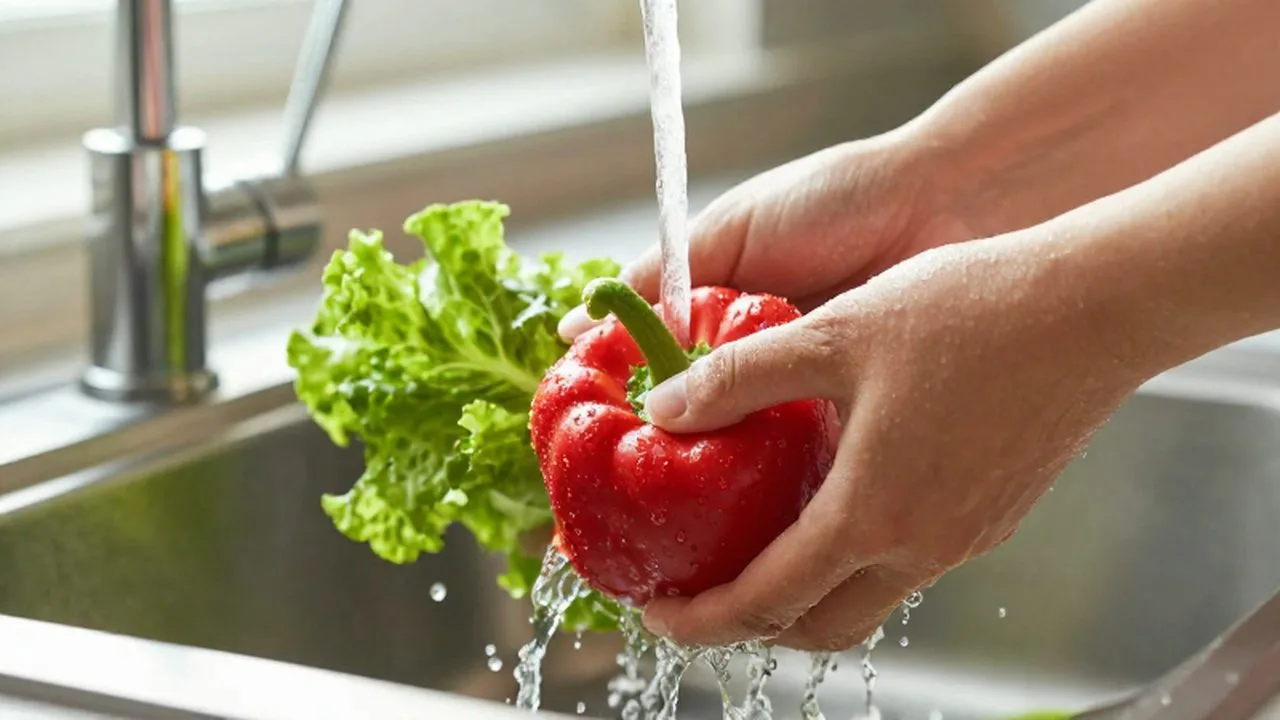 Manos lavando lechuga y pimientos rojos bajo un chorro de agua en una cocina luminosa.