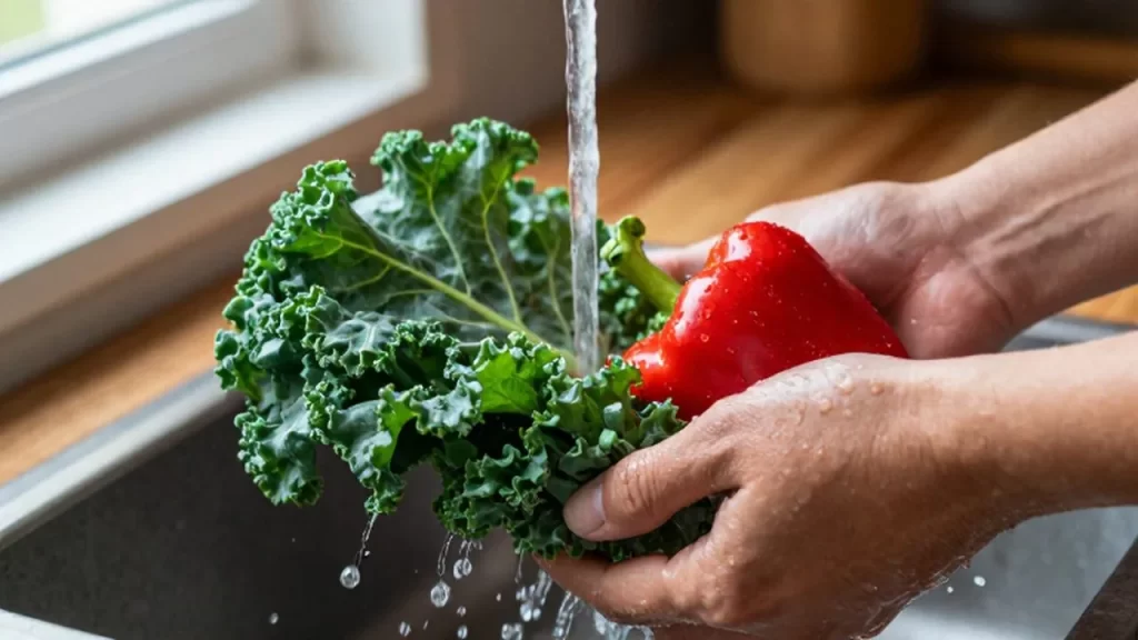 Verduras frescas de kale y pimientos rojos siendo lavadas bajo un chorro de agua.