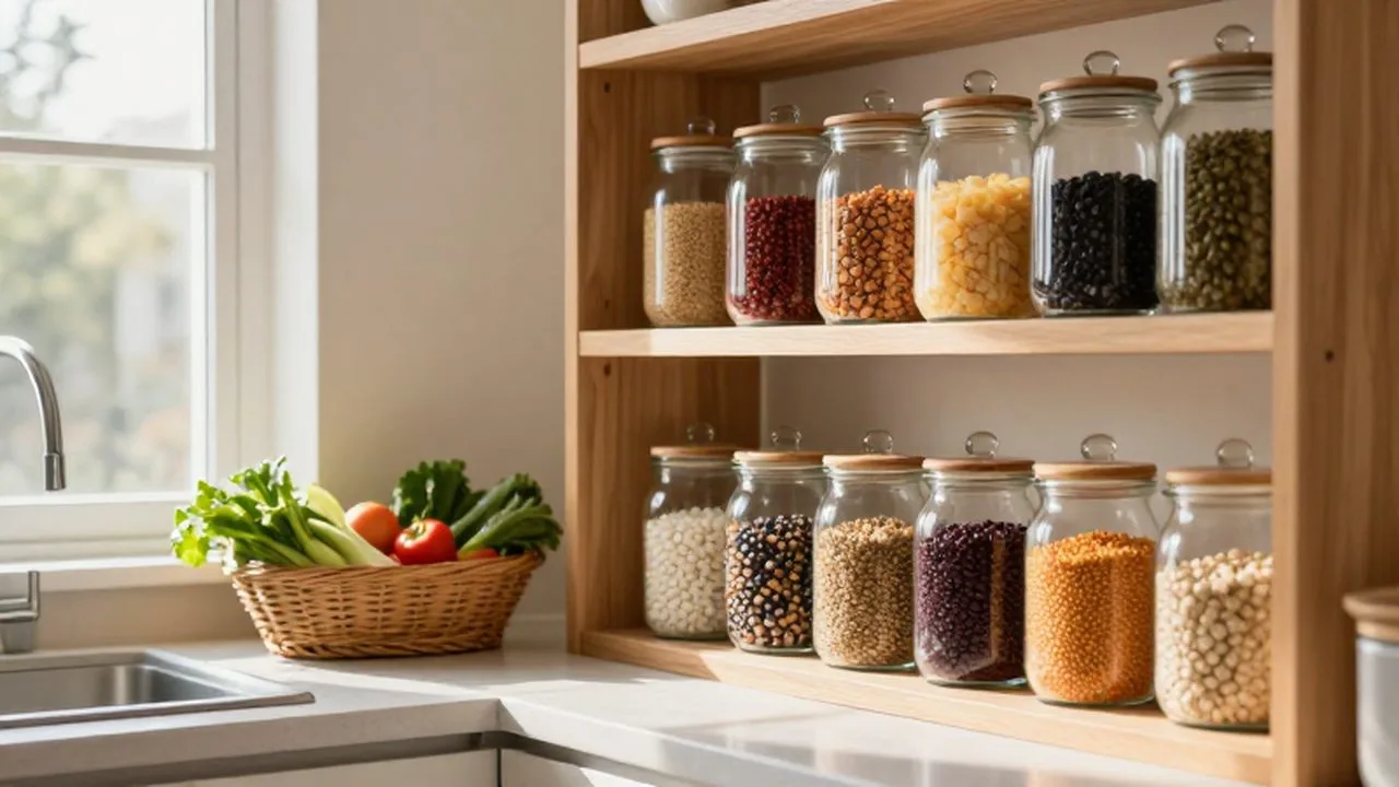 Despensa organizada con frascos de vidrio llenos de granos y cestas de vegetales frescos.