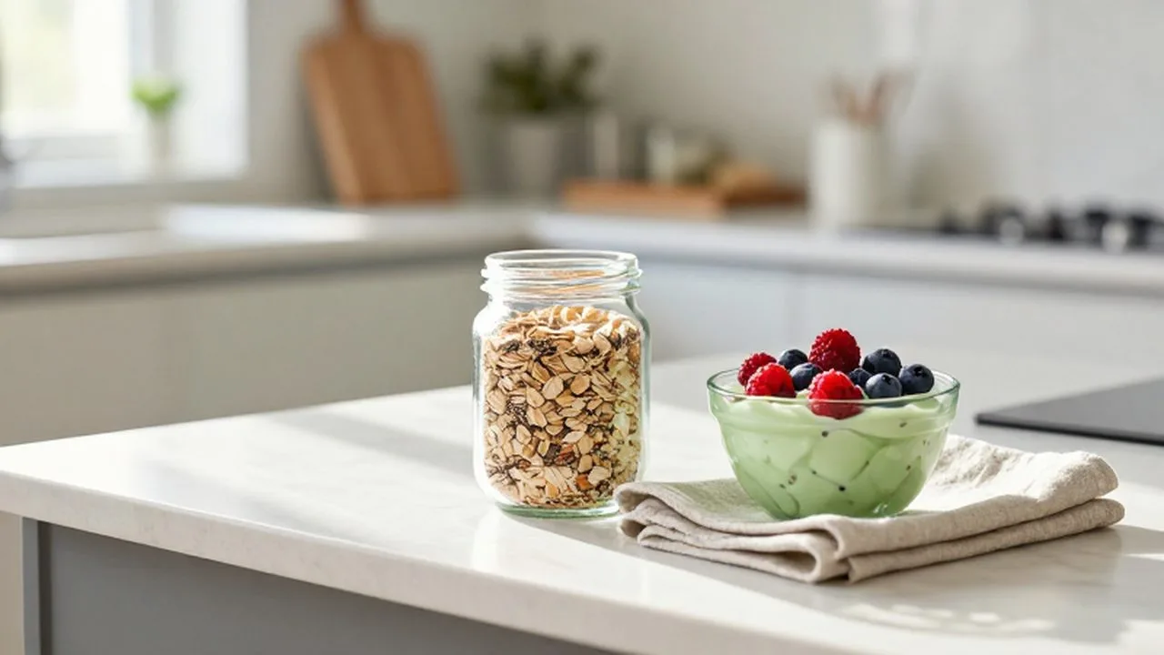 Yogur verde con frutos rojos junto a un frasco de chía y avena bajo la luz del sol.
