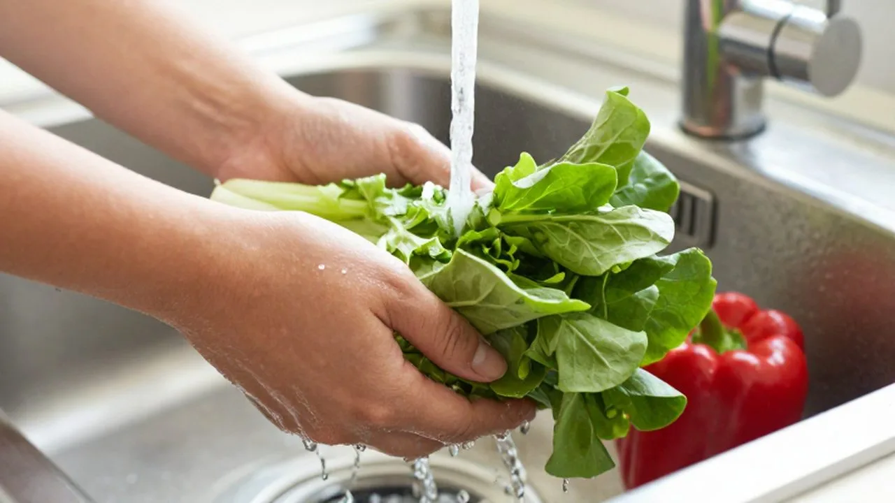 Manos lavando verduras frescas y pimientos rojos bajo un chorro de agua en la cocina.