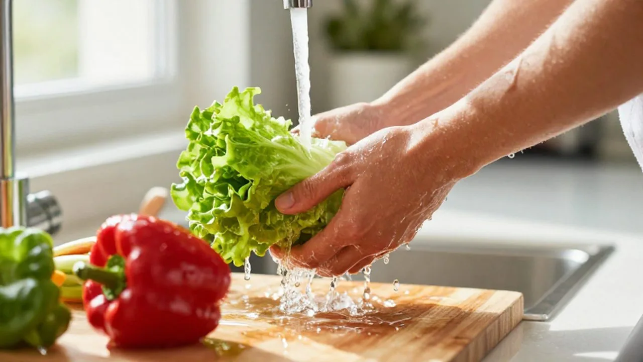 Manos lavando lechuga y pimientos rojos bajo el chorro de agua en una cocina luminosa.