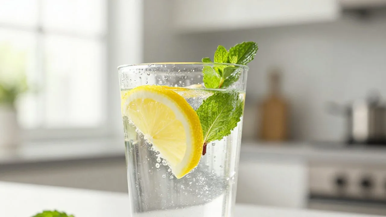 Vaso de agua con gas con rodajas de limón y menta fresca en una cocina iluminada.