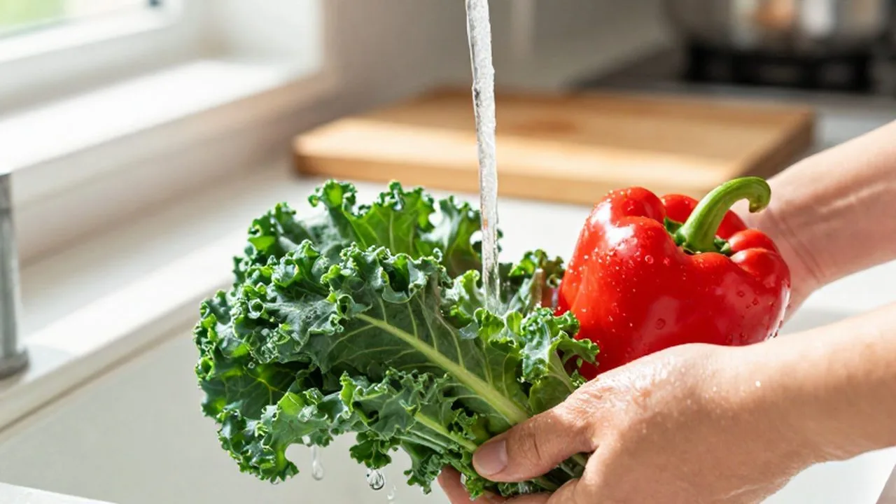 Verduras frescas de colores bajo un chorro de agua en una cocina iluminada por el sol.