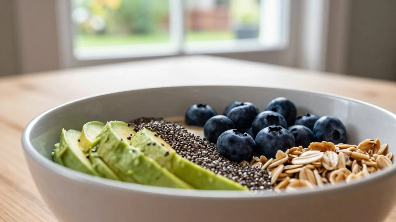 Bol de desayuno mediterráneo con aguacate, arándanos, avena y semillas de chía sobre una mesa de madera.