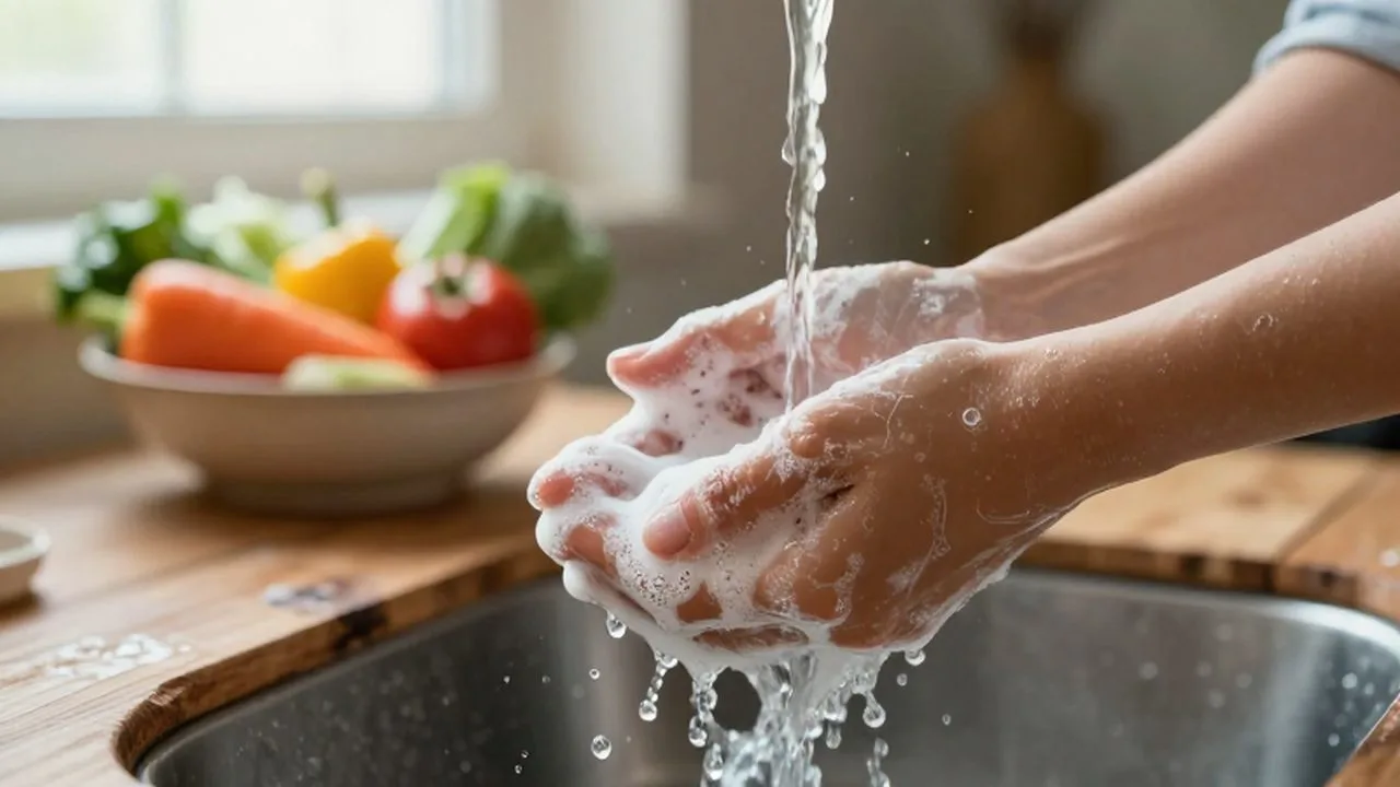 Manos lavándose con abundante espuma bajo el chorro de agua frente a vegetales frescos.