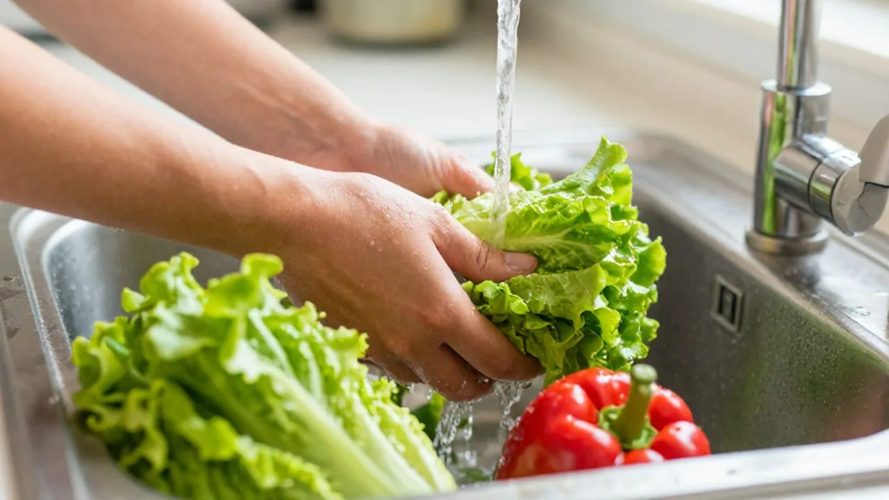 Manos lavando lechuga y pimientos rojos bajo un chorro de agua en un fregadero.