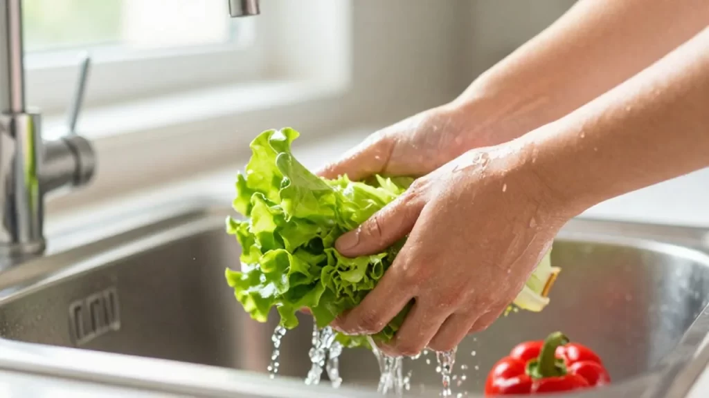 Manos lavando lechuga y pimientos rojos bajo el chorro de agua en un fregadero luminoso.