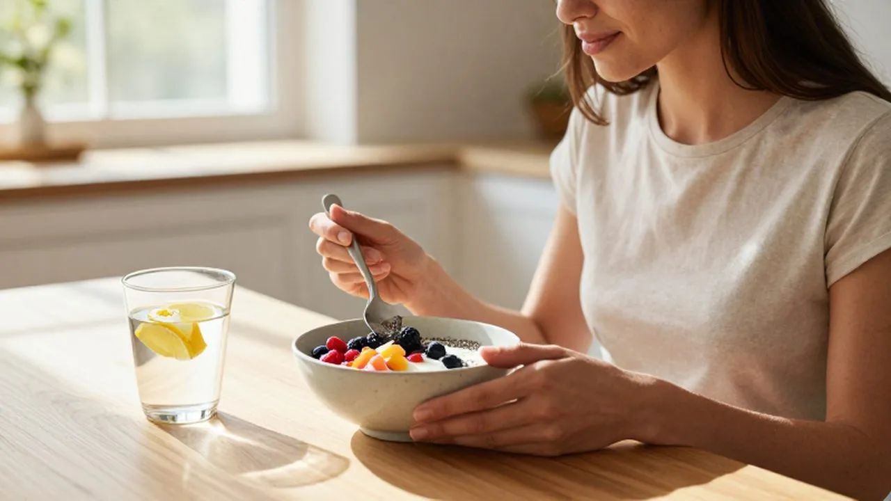 Mujer sentada en una mesa de madera disfrutando de un yogur con frutas y semillas.
