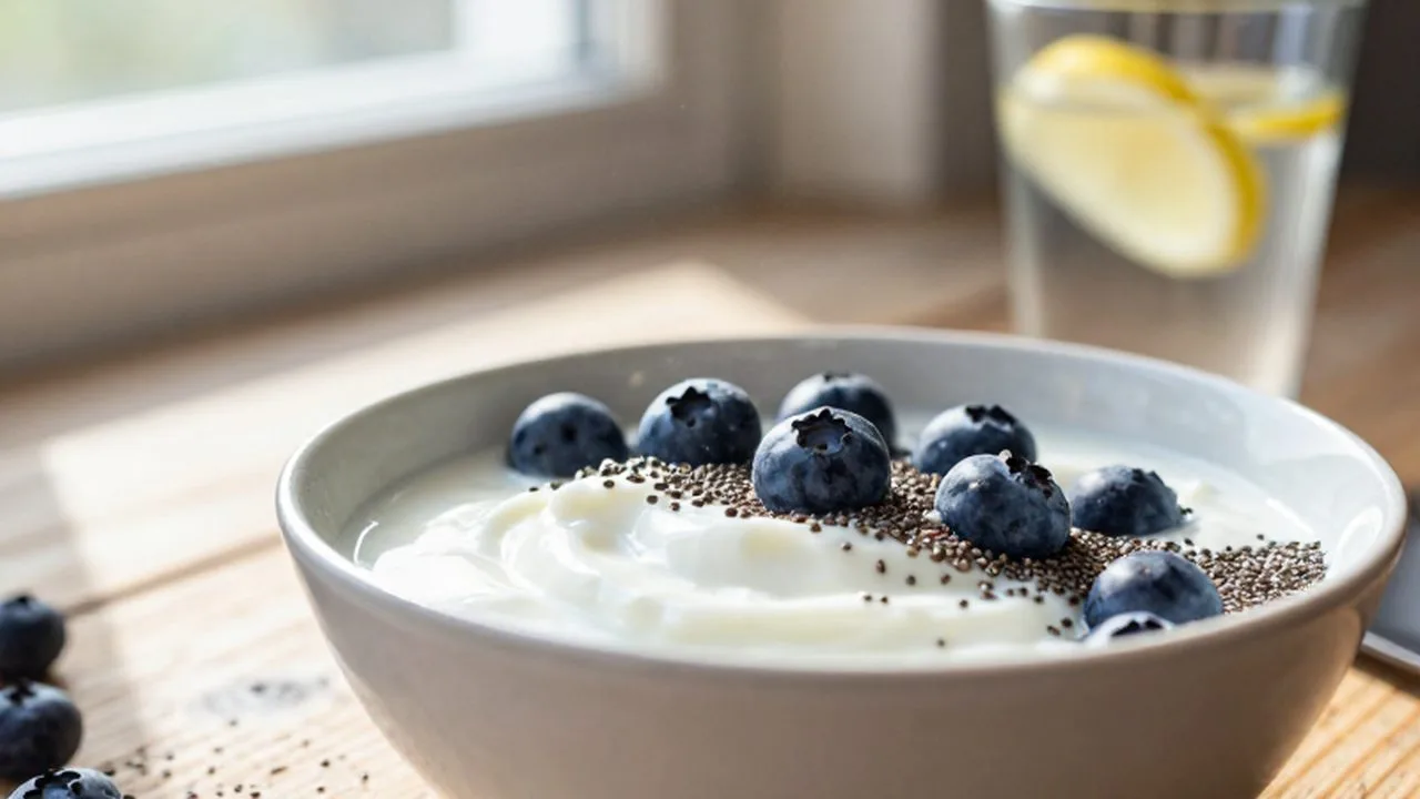 Yogur con arándanos y semillas de chía sobre una mesa de madera bañada por la luz matutina.
