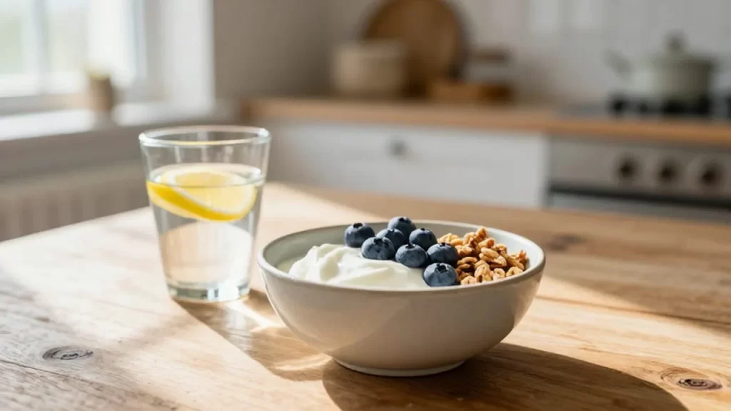 Bol de yogur griego con arándanos y granola junto a un vaso de agua con limón.