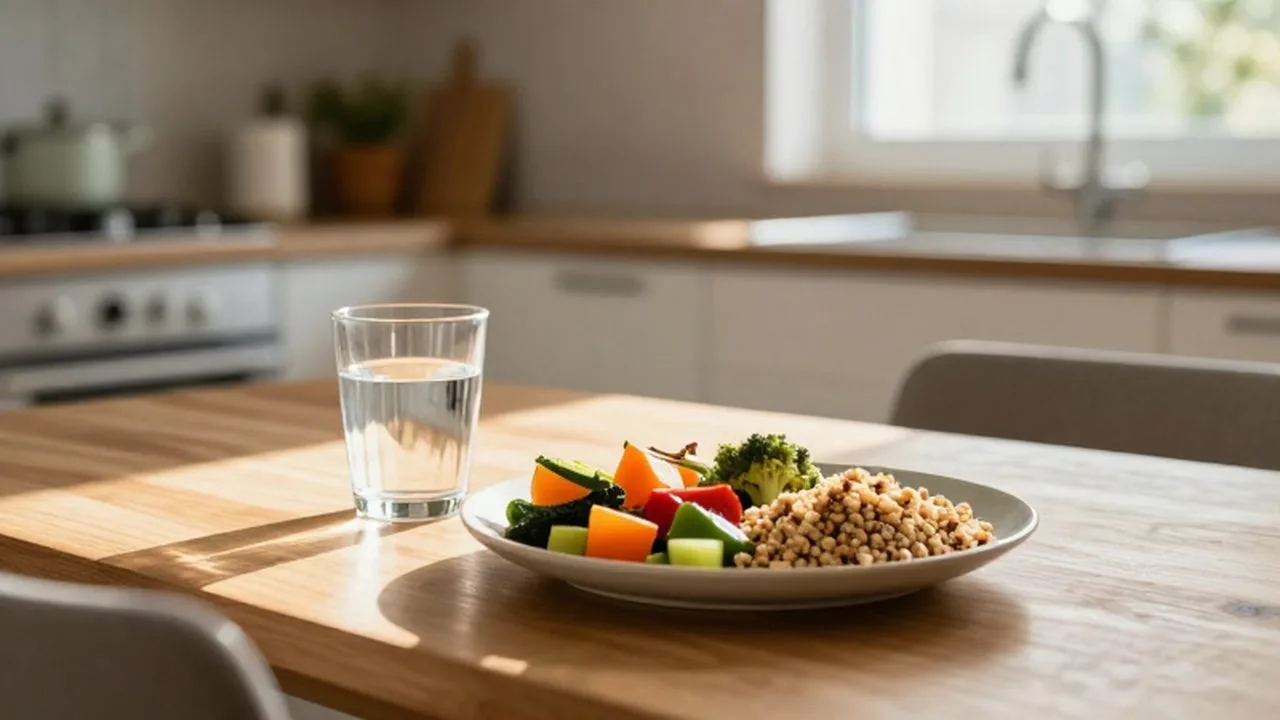 Plato de vegetales y granos enteros sobre una mesa de madera bañada por la luz solar.