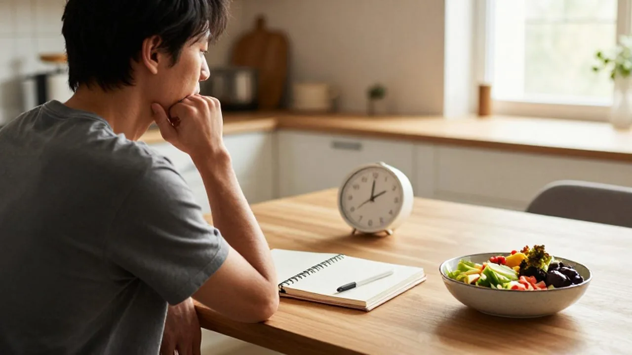Persona contemplativa frente a un planificador y un desayuno saludable en una cocina iluminada.