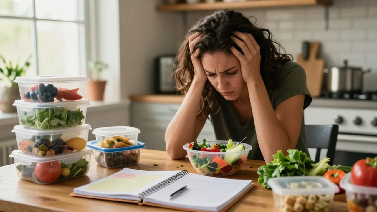 Mujer estresada frente a una mesa de cocina desordenada con recipientes de comida y vegetales.