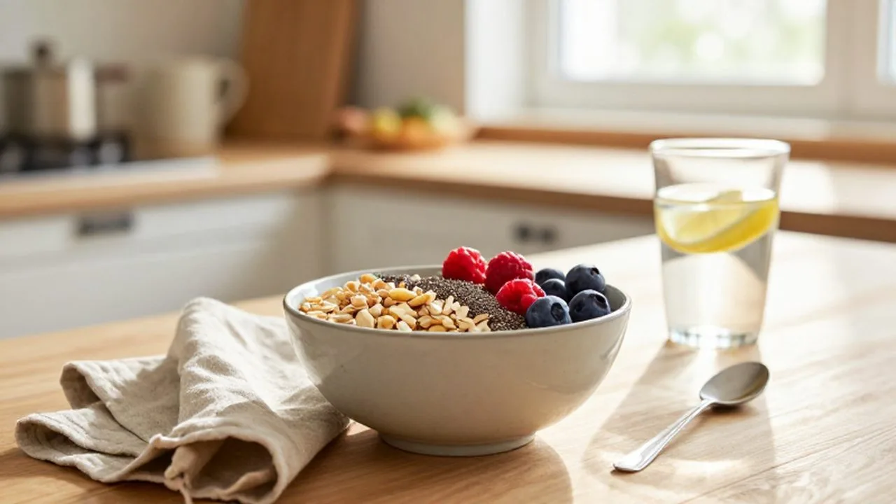 Bol de avena con frutos rojos y semillas sobre una mesa de madera iluminada por el sol.