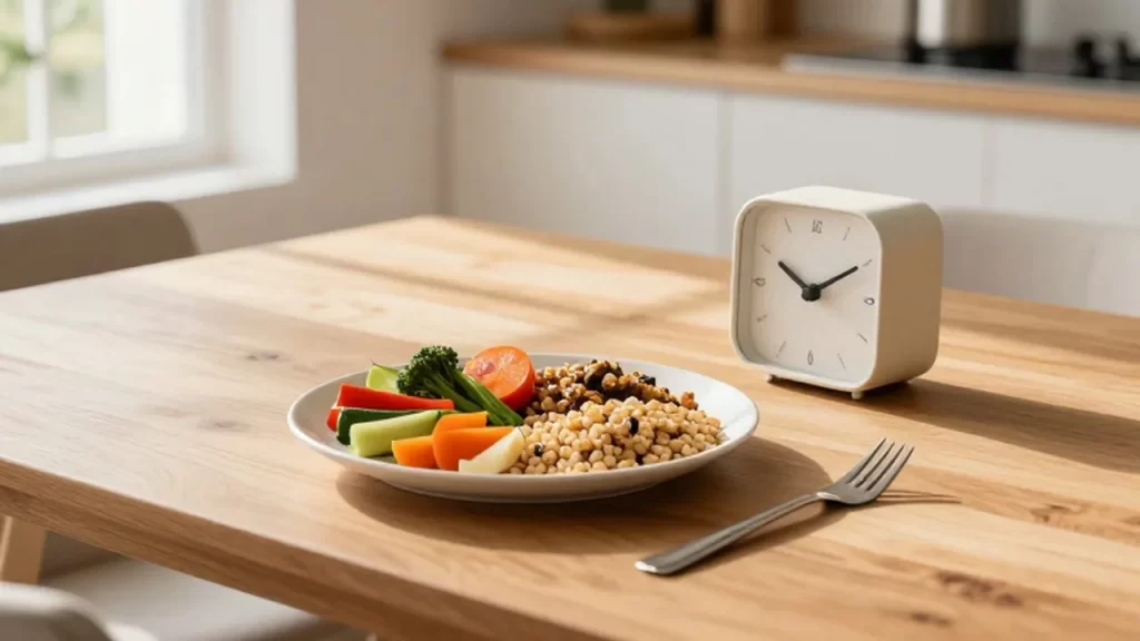 Plato equilibrado con vegetales y granos completo sobre una mesa de madera iluminada por el sol.