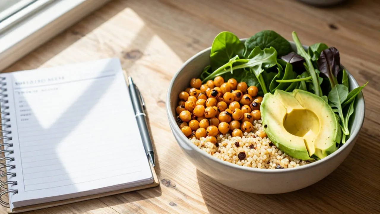 Bol de quinoa con aguacate, garbanzos y verduras junto a una libreta de planificación de comidas.