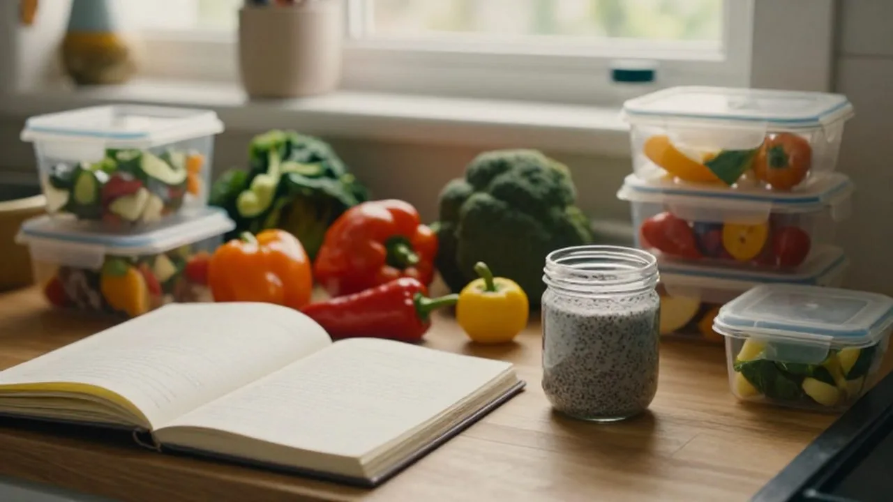 Preparación de comidas con vegetales frescos, cuadernos de recetas y un tarro de chía sobre una encimera de madera.
