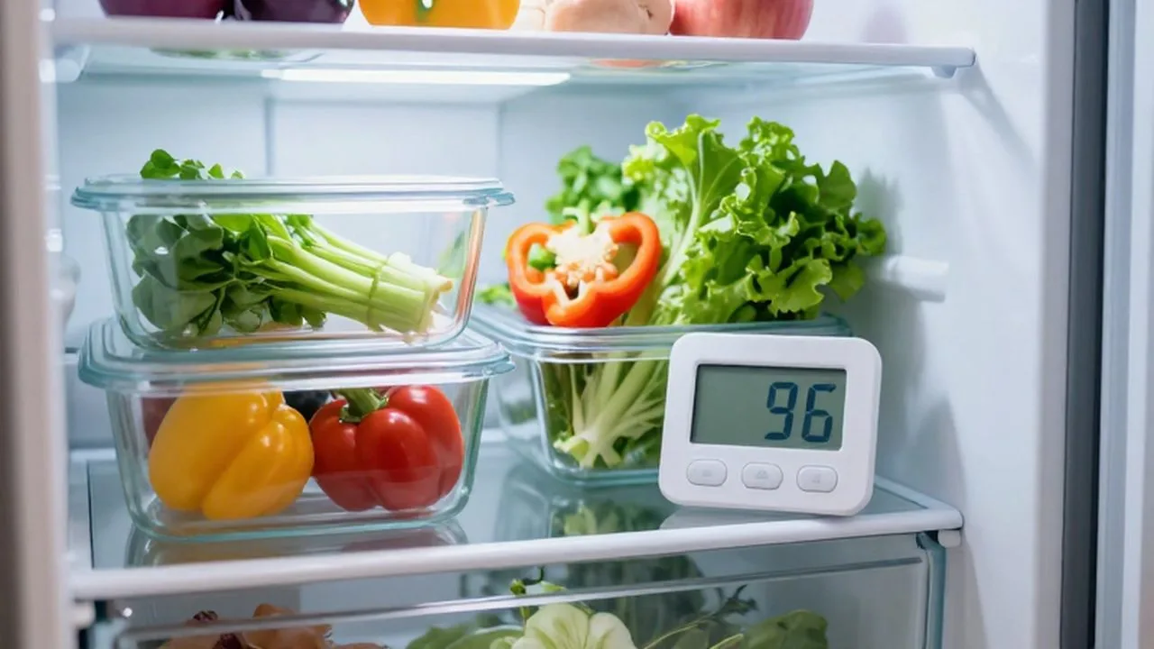 Verduras frescas y pimientos cortados en recipientes de vidrio dentro de un refrigerador organizado.