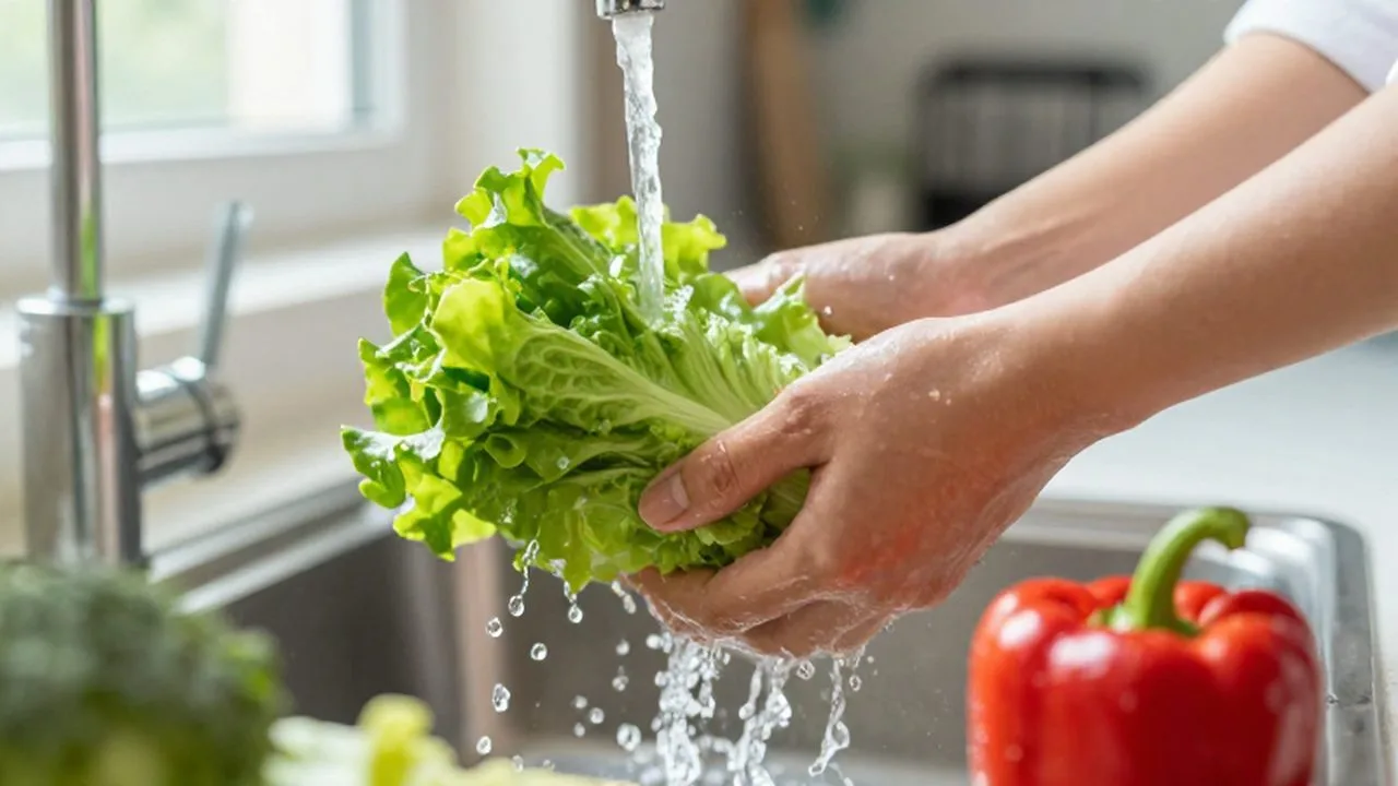Manos lavando lechuga y pimientos rojos bajo un chorro de agua en una cocina luminosa.