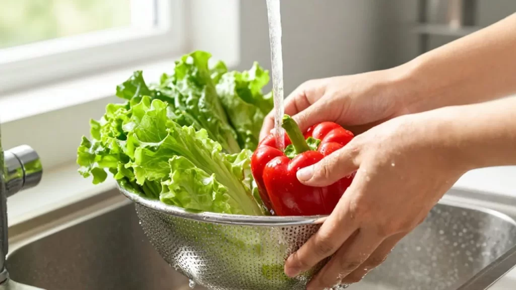 Manos lavando lechuga y pimientos rojos bajo el chorro de agua en un colador.
