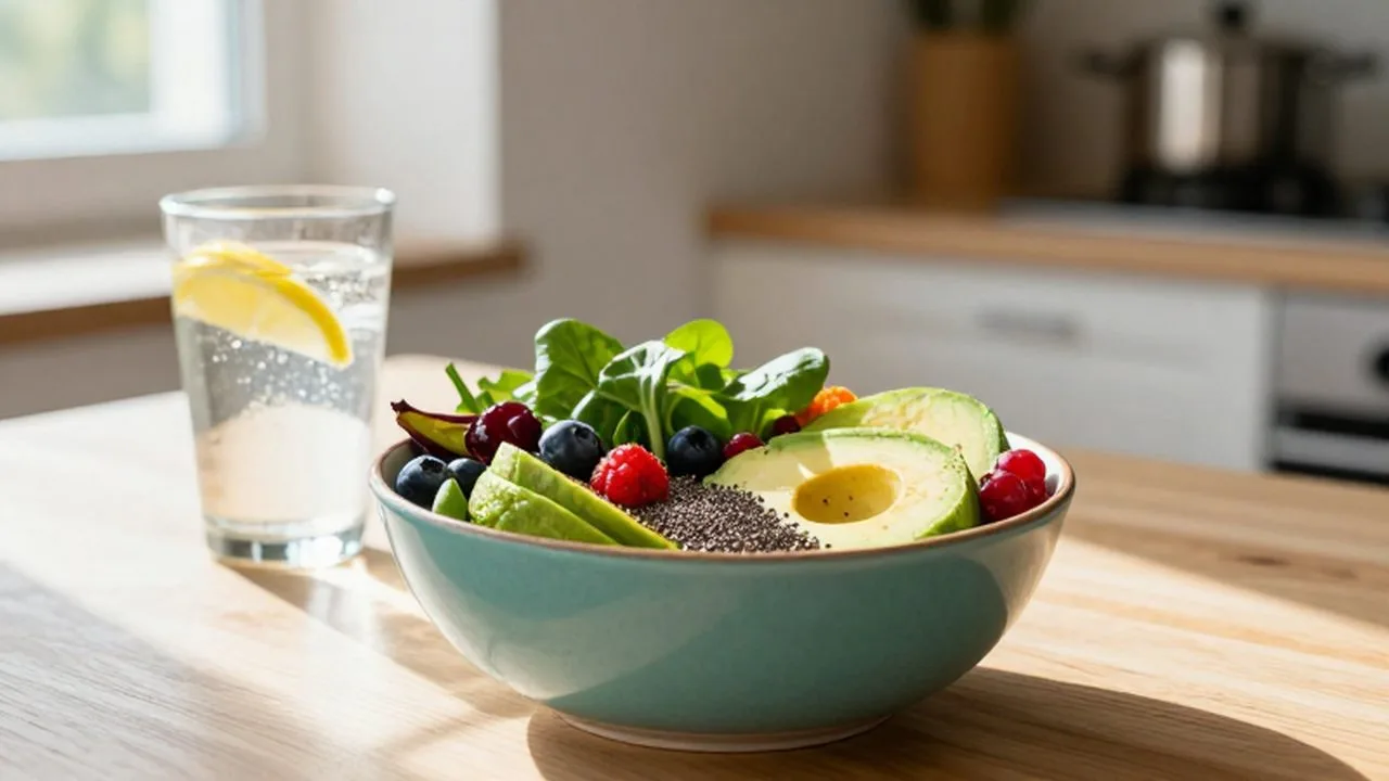 Bol de cerámica con frutas, aguacate, semillas y vegetales verdes sobre una mesa de madera.