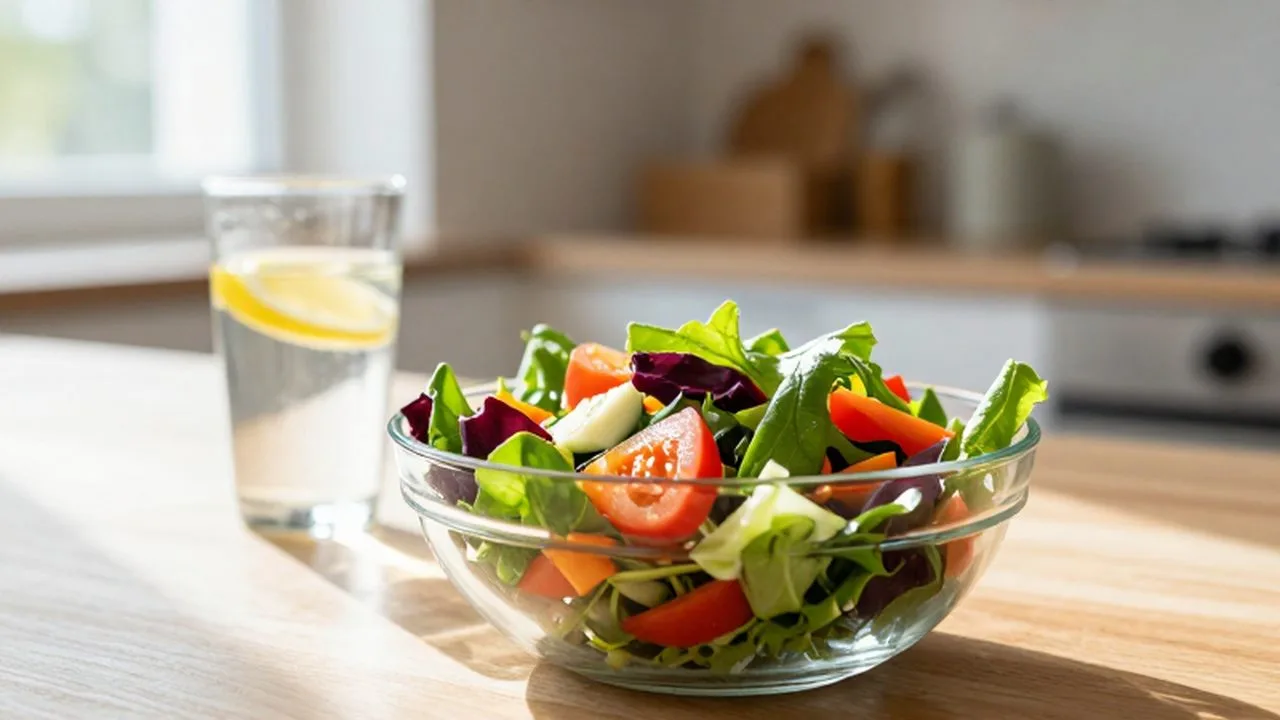 Ensalada mediterránea colorida en un bol sobre una mesa de madera iluminada por la luz del sol.
