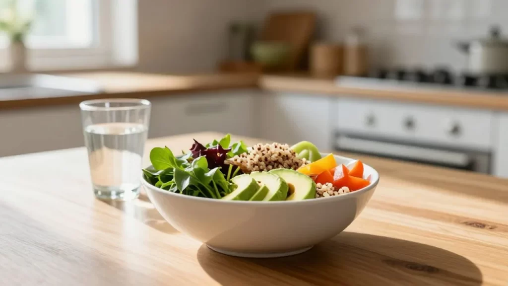 Bol de quinoa con aguacate y vegetales frescos sobre una mesa de madera en una cocina luminosa.