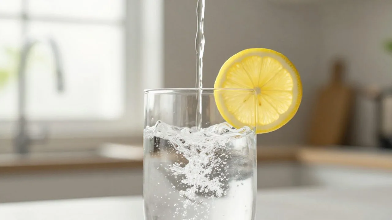 Agua con gas vertiéndose en un vaso con una rodaja de limón en una cocina luminosa.