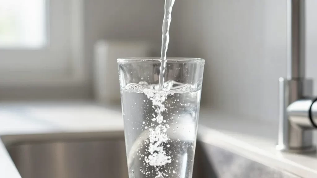 Agua llenando un vaso de cristal con pequeñas partículas suspendidas bajo la luz del sol.