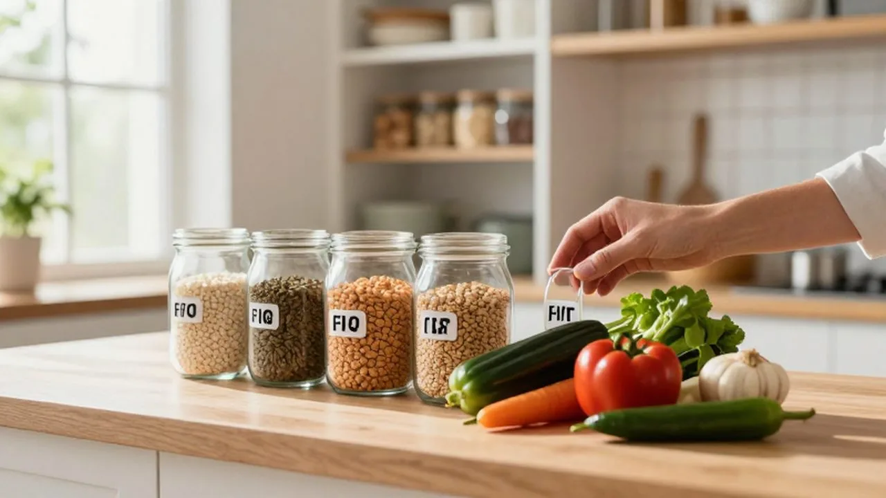 Manos organizando vegetales frescos y frascos de granos en una cocina moderna iluminada por la mañana.