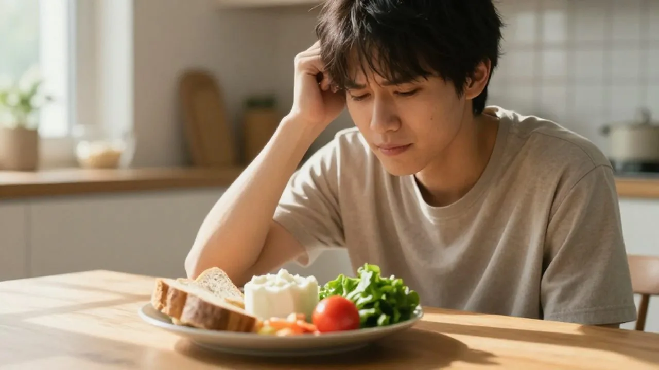 Una persona reflexiva frente a un plato con pan, lácteos y vegetales en una cocina iluminada.