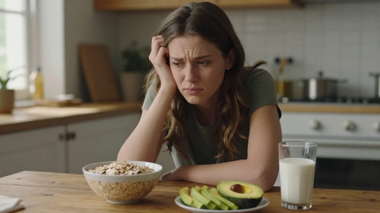 Mujer joven sentada a la mesa con expresión de duda frente a un desayuno saludable.