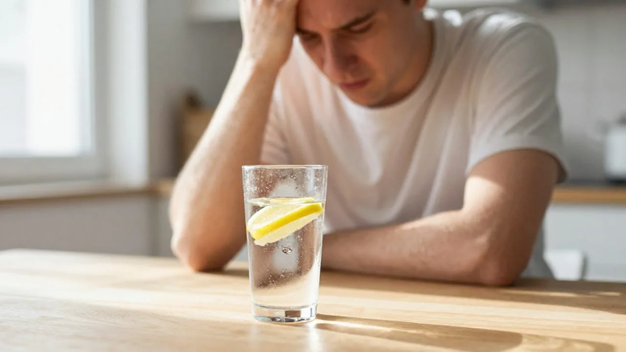 Persona con expresión de cansancio sentada a la mesa junto a un vaso de agua con limón.