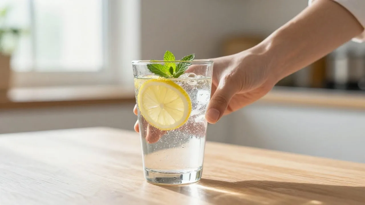 Una mano alcanza un vaso de agua con gas, limón y menta sobre una mesa de madera.