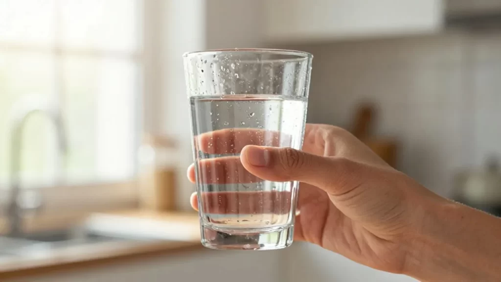 Mano sosteniendo un vaso de agua cristalina con gotas de condensación frente a una ventana soleada.