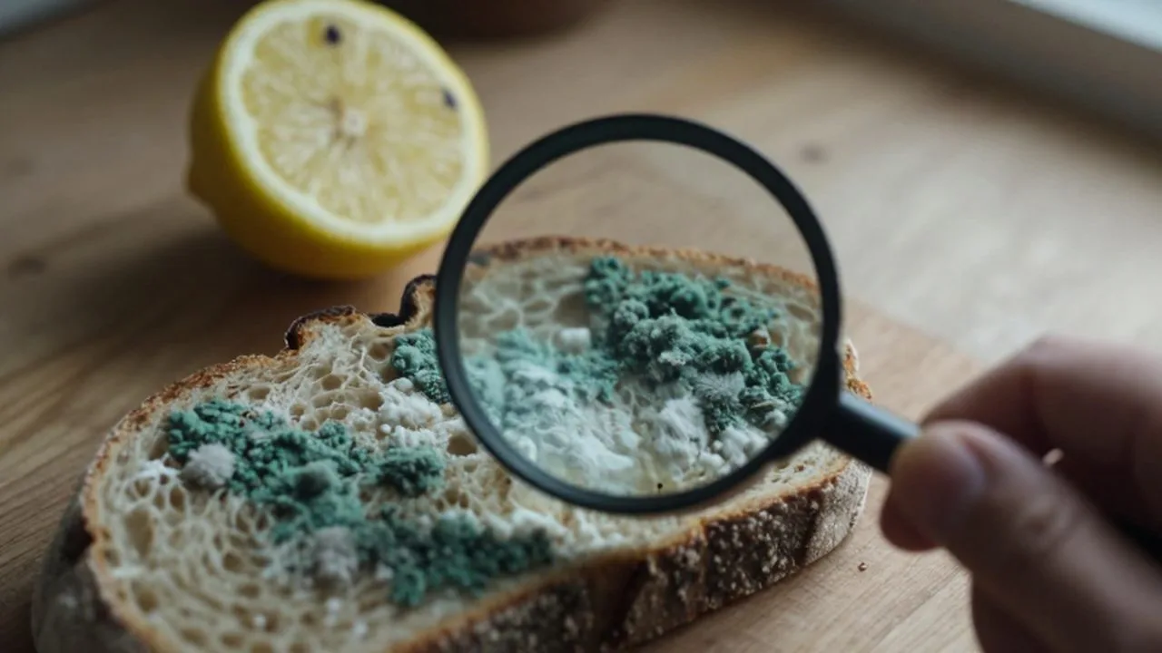 Una mano sostiene una lupa sobre una rebanada de pan cubierto de moho verde y blanco.