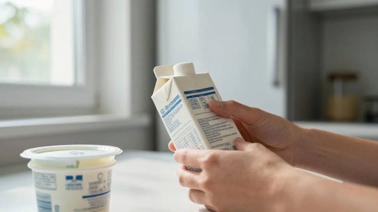 Manos revisando la fecha de caducidad de un cartón de leche y un yogur en la cocina.