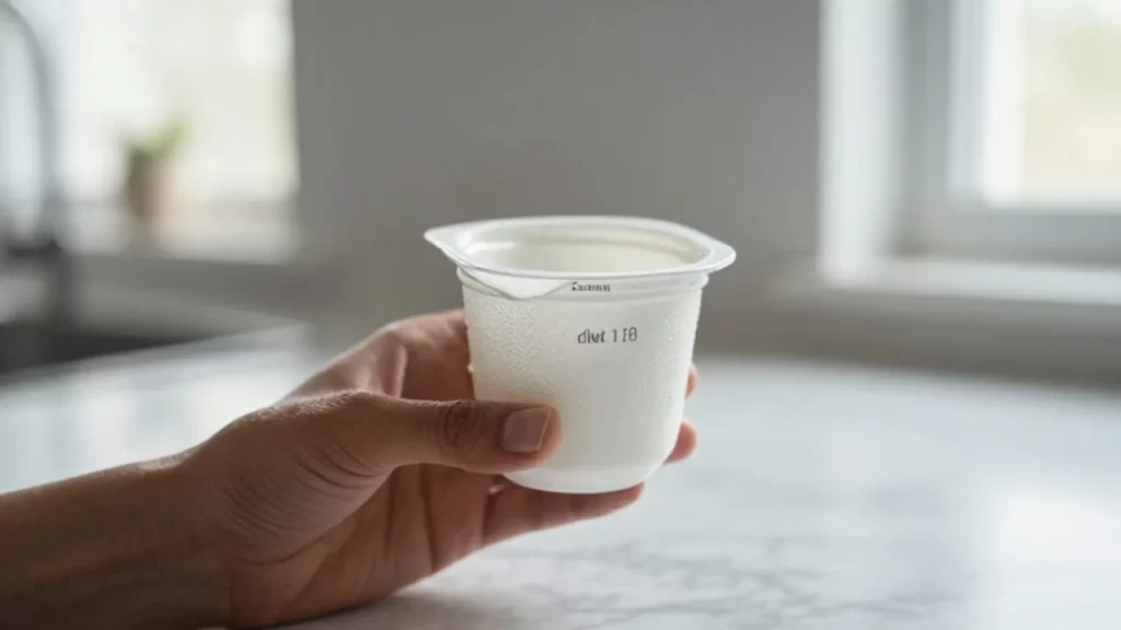 Mano sosteniendo un envase de yogur sobre una encimera de mármol con la fecha de caducidad visible.