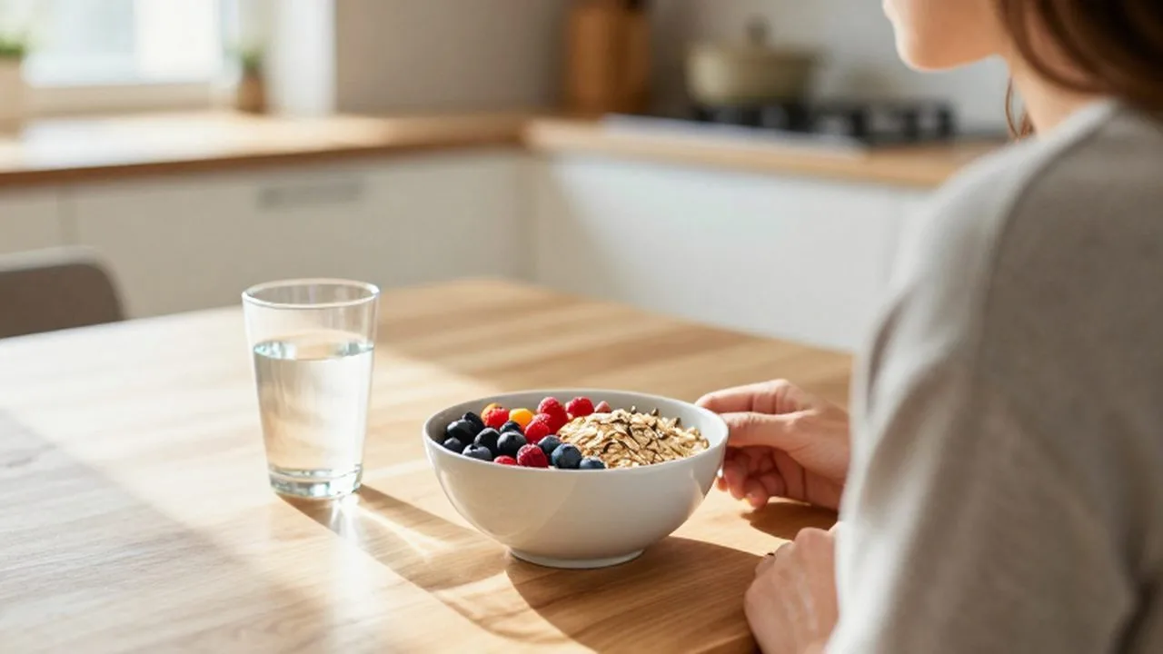 Persona sentada en una cocina iluminada disfrutando de un tazón de avena con frutos rojos.