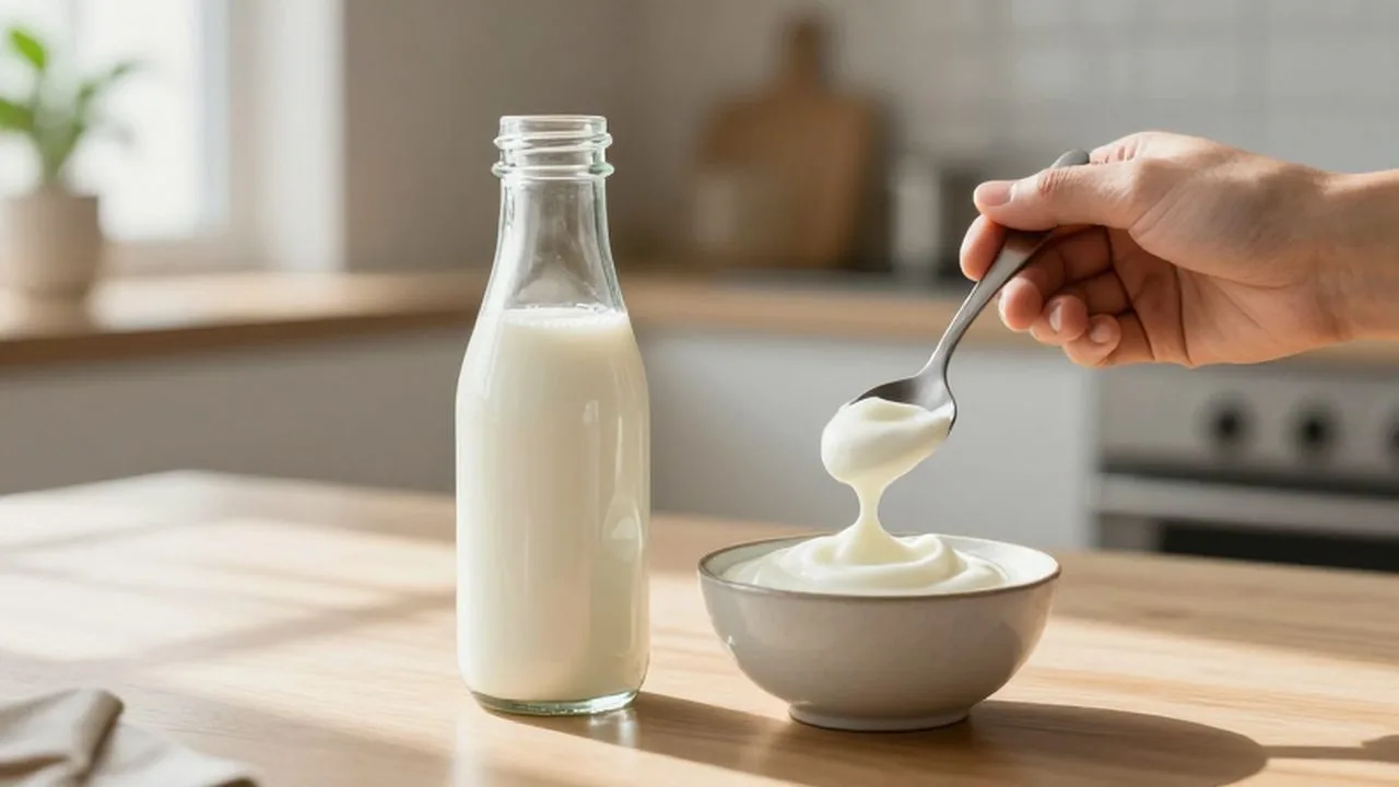 Botella de probióticos y un bol de yogur sobre una mesa de madera bajo la luz de la mañana.