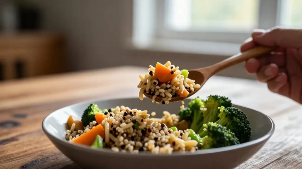 Una mano levanta con una cuchara de madera una porción de verduras y quinoa.