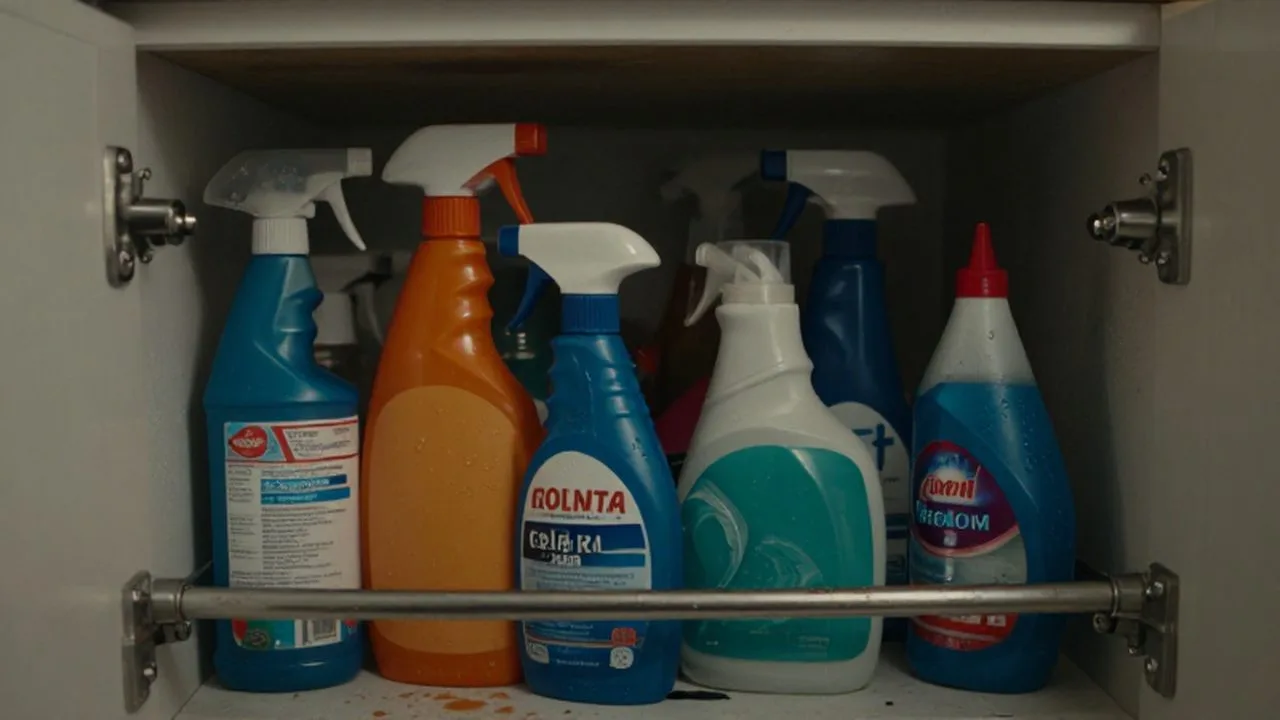 Botellas de limpieza de colores y recipientes sin etiquetar desordenados bajo el fregadero de la cocina.