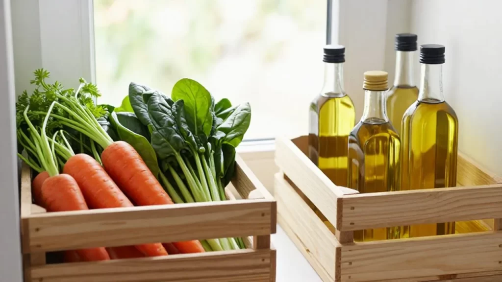 Dos cajas de madera en una despensa organizada con vegetales frescos y frascos de aceite.