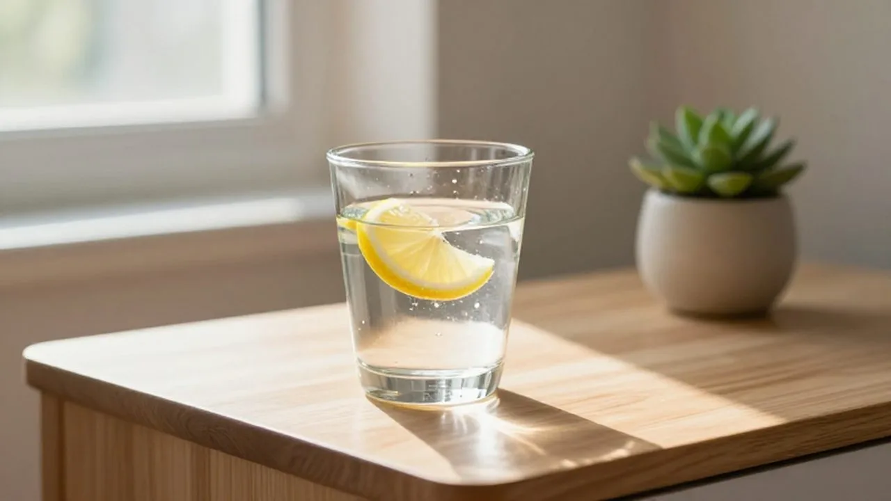 Vaso de agua con rodajas de limón sobre una mesa de madera bañada por luz matutina.