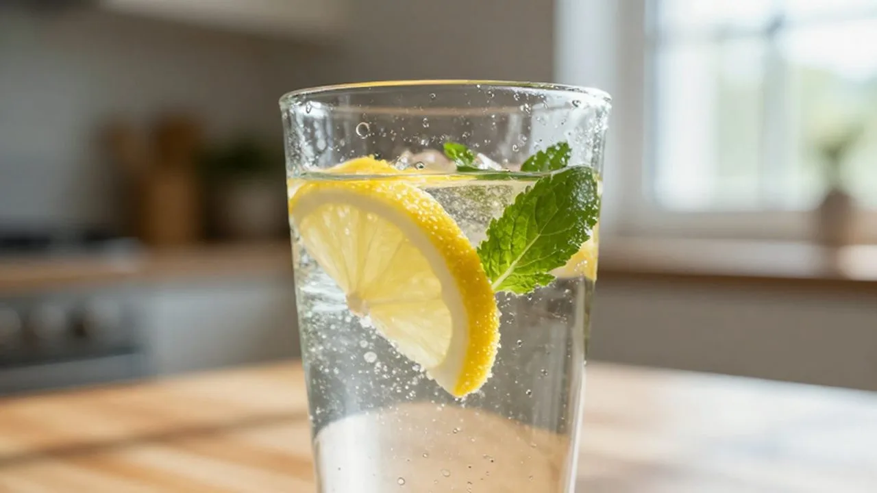 Vaso de agua con gas con rodajas de limón y menta sobre una mesa de madera.